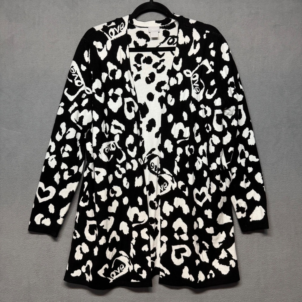 Chicos Heart Leopard Love Open Front Longline Cardigan 2 US L Black White Soft